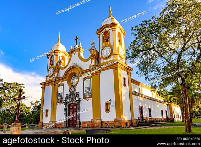 Facade of a historic church in baroque style built in the 18th century in the city of Tiradentes in Minas Gerais, Brazil