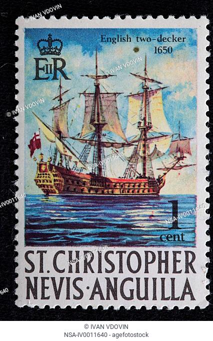 English two-decker 1650, postage stamp, St. Cristopher, Nevis, Anguilla