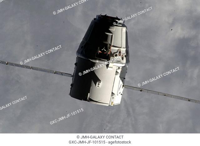 The SpaceX Dragon commercial cargo craft makes its relative approach to the International Space Station prior to grapple by the station's Canadarm2 robotic arm