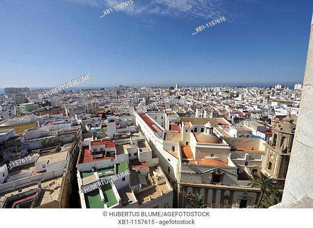 view from the Cathedral on to the old town of Cadiz, Cádiz, Cadiz Province, Andalusia, Andalucia, Spain, Europe
