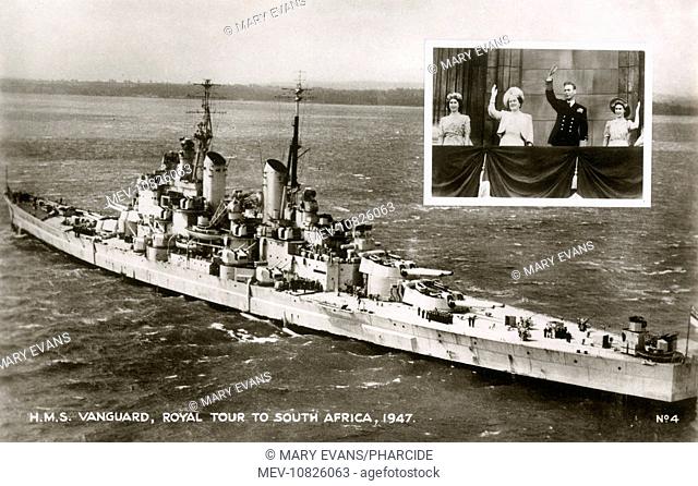 HMS Vanguard on the Royal Tour to South Africa. Inset is a photo of King George VI, Queen Elizabeth, Princess Elizabeth and Princess Margaret on the balcony of...