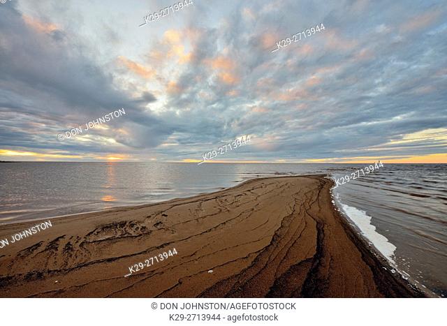 Shore of Great Slave Lake with sandspit at dusk, Hay River, Northwest Territories, Canada