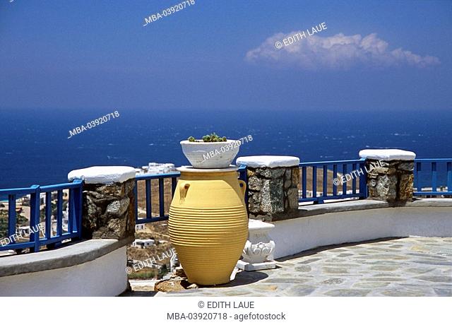 Greece, Cyclades, island Mykonos, Agios Stefanos, terrace, vase, sea view, destination, Mediterranean-island, tourism, view, wideness, distance, sea