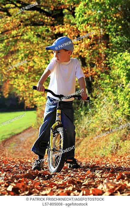 boy on his bicycle, standing still and looking in to the distance, on road with leaves in fall, autumn foliage covering path in forest, autumn, fall, Zuerich