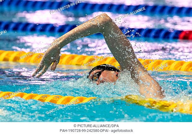 28 July 2019, South Korea, Gwangju: Swimming World Championship: 1500 Meter Freestyle Final Men: Florian Wellbrock from Germany in action