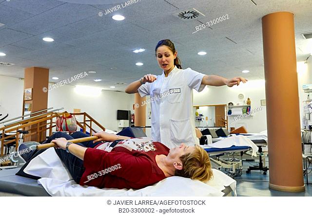 physiotherapist with patient, Rehabilitation, Amara Berri Health Center building, Donostia, San Sebastian, Gipuzkoa, Basque Country, Spain