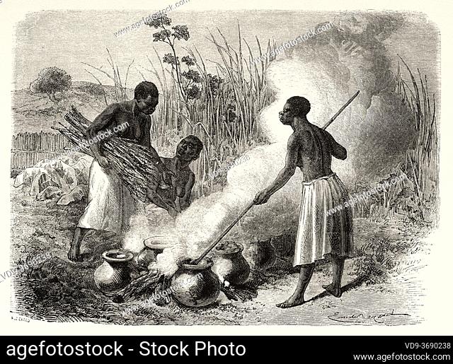 Beer making in Unyamwezi region, Tanzania, Africa. Old XIX century engraved from Le Tour du Monde 1864