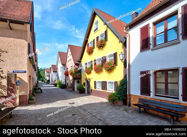 house front, flower decoration, alley, village view, autumn, Veitshöchheim, Franconia, Bavaria, Germany, Europe