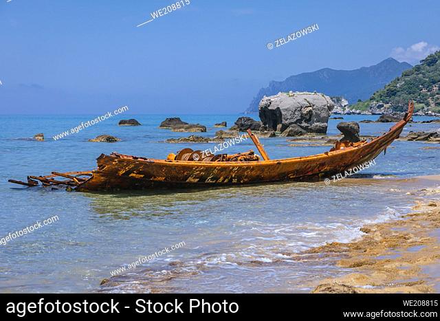 Shipwreck on a shore in Agios Gordios town on a Greek Island of Corfu