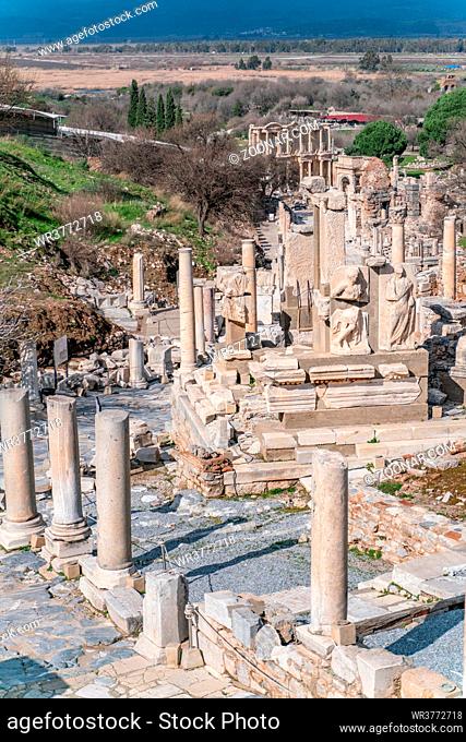 Selcuk, Izmir, Turkey - columns of Memmius Monument in Ephesus ruins, historical ancient Roman archaeological sites in eastern Mediterranean Ionia region under...