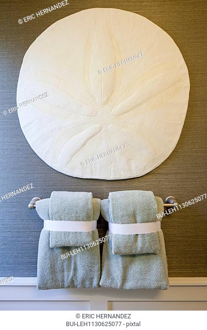 Bath towels in domestic bathroom; Rancho Mission Viejo; California; USA