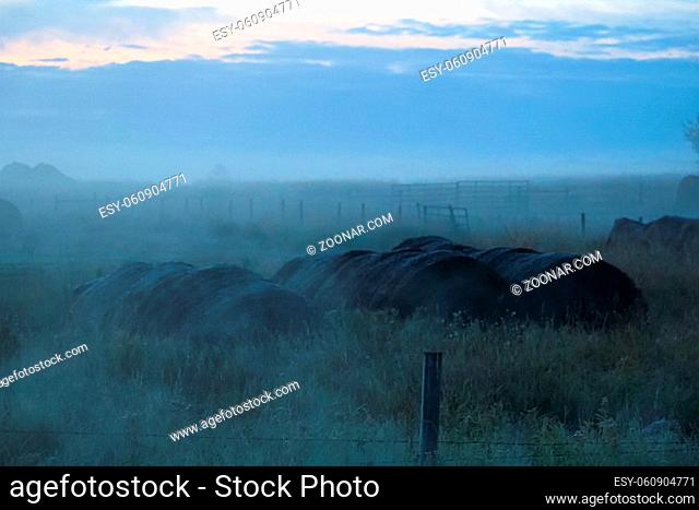 Stacked hay bales with morning mist around them
