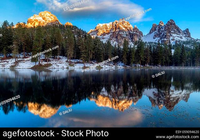Antorno lake with famous Tre Cime di Lavaredo (Drei Zinnen) mount. Dolomite Alps, Province of Belluno, Italy, Europe. Beauty of nature concept background