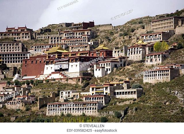Ganden Monastery in Tibet. Ganden is the one of the most important Gelugpa Buddhist monasteries and is high in the Himalayas at an altitude of 4500m (14, 760ft)
