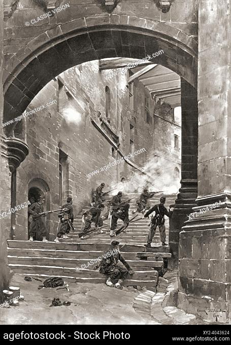 French soldiers in combat in a chateau during the Franco-Prussian War of 1870. After a painting by Edouard Detaille