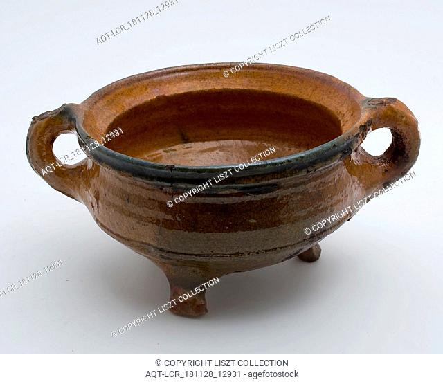 Pottery cooking pot, red shard, lead glaze with greenish spots, two sausages, on three legs, cooking pot crockery holder kitchenware earth discovery ceramics...