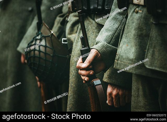 Close up of german military ammunition of a German soldier. Unidentified re-enactors dressed as World War II German soldiers standing order