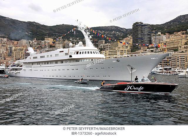 Motor yacht Atlantis II maneuvering in the La Condamine port, Monaco, Cote d'Azur, Europe