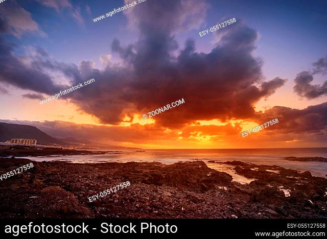 Sunset in Punta del Hidalgo, north Tenerife coastline, Canary islands, Spain
