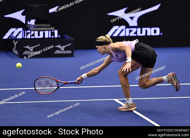 Eugenie Bouchard of Canada in action during the WTA Agel Open 2022 women's tennis tournament match against Belinda Bencic of Switzerland in Ostrava