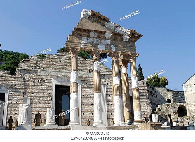 Ruins of the roman temple called Capitolium or Tempio Capitolino in Brescia in Italy