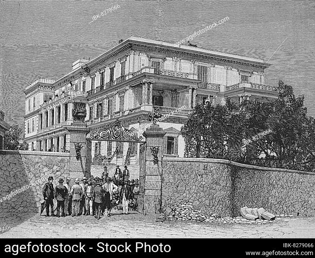 Das Schloss der Kaiserin von Österreich in Korfu. Achilleion ist ein Palast in Gastouri, Korfu, Historisch, digitale Reproduktion einer Originalvorlage aus dem...