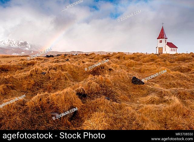 Small and beautiful Hellnar church in Snaefellsnes peninsula at Western Iceland