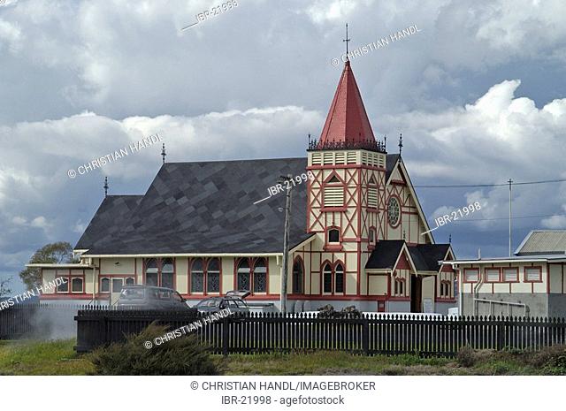 St Faith's Anglican Church in Maori style in Ohinemutu on lakeside of Lake Rotorua New Zealand