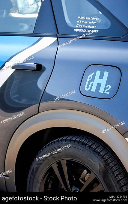 Herten, North Rhine-Westphalia, Germany - H2 fuel filler cap, hydrogen car, fills up with H2 hydrogen at an H2 hydrogen filling station