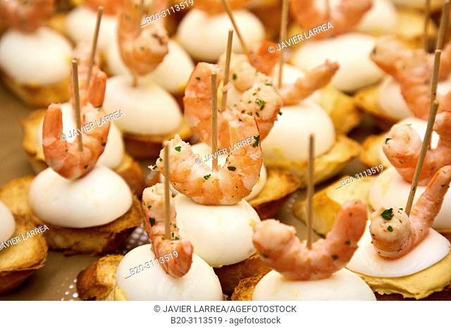 Quail egg and shrimp, Catering in congress, Kursaal Congress Palace, Donostia, San Sebastian, Gipuzkoa, Basque Country, Spain, Europe