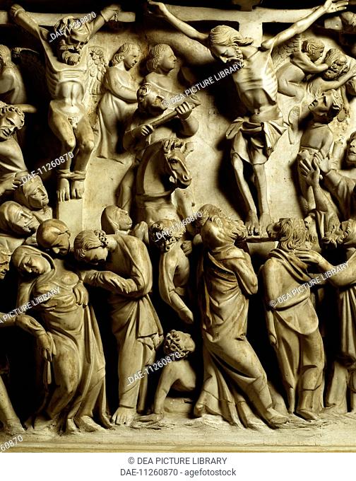 Crucifixion of Jesus, scene from the Life of Christ, panel on the pulpit in the Cathedral of Pisa, 1302-1310, by Giovanni Pisano (ca 1240-died before 1320)