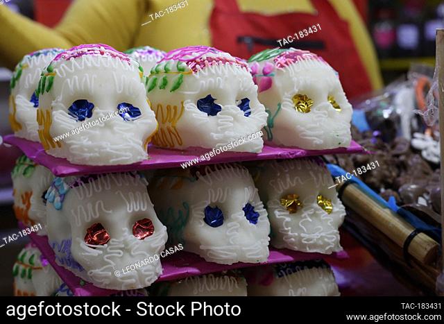 MEXICO CITY, MEXICO - OCTOBER 29: Sugar Skulls are selling in outside market, on the occasion of the Mexican Day of the Dead celebrations amid the new Covid-19...