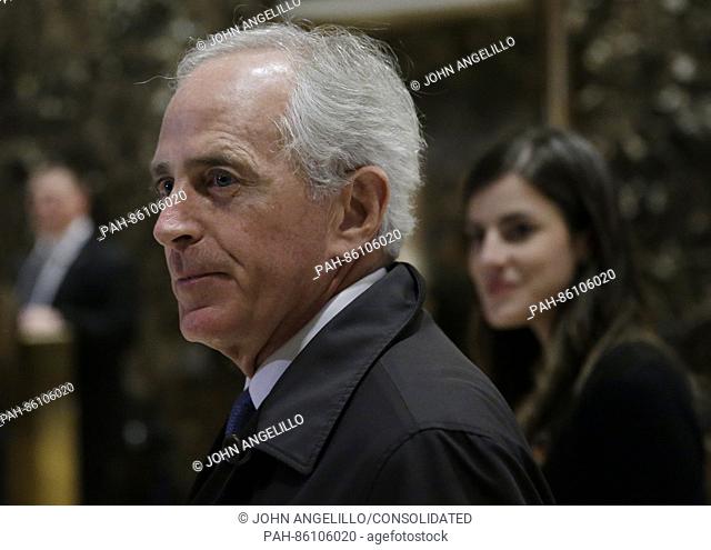 United States Senator Bob Corker (Republican of Tennessee) walks through the lobby of Trump Tower on November 29, 2016 in New York City