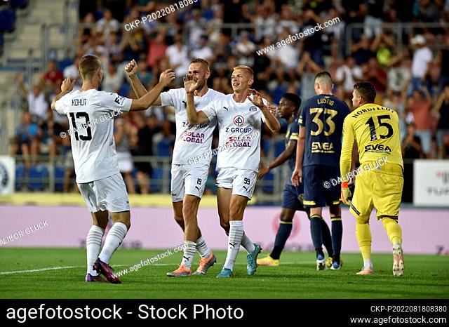Players of Slovacko celebrate a goal during the UEFA Europa Conference League, 4th qualifying round, match 1st FC Slovacko vs AIK Stockholm, on August 18, 2022
