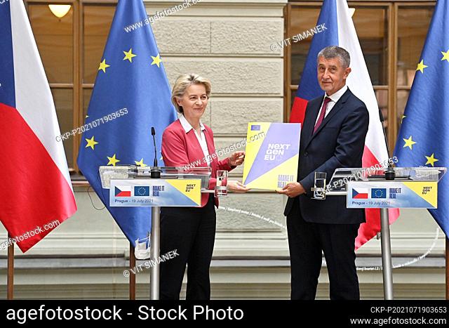 President of the European Commission Ursula von der Leyen, who will present the approved relief plan, left, and Prime Minister Andrej Babis attend a news...
