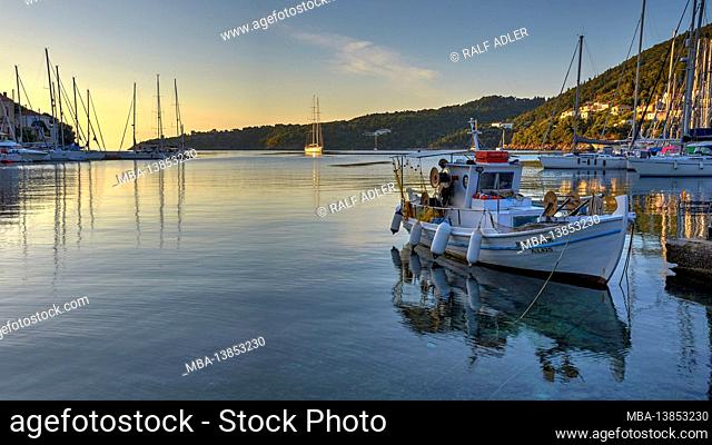 Ionian Islands, Ithaca, island of Odysseus, Kioni, port on the northeast coast, early in the morning, morning mood, morning light, port, fishing boats