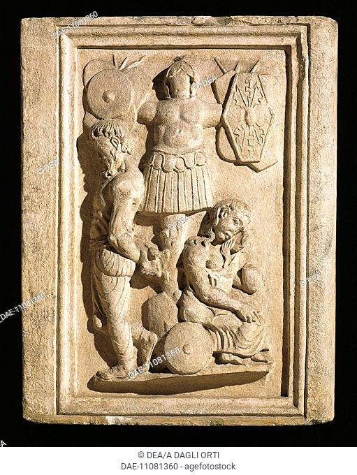 Roman civilization. Relief of the monument to Publius Clodius Quirinalis depicting war trophy with Barbarian prisoners. From Trieste, Italy