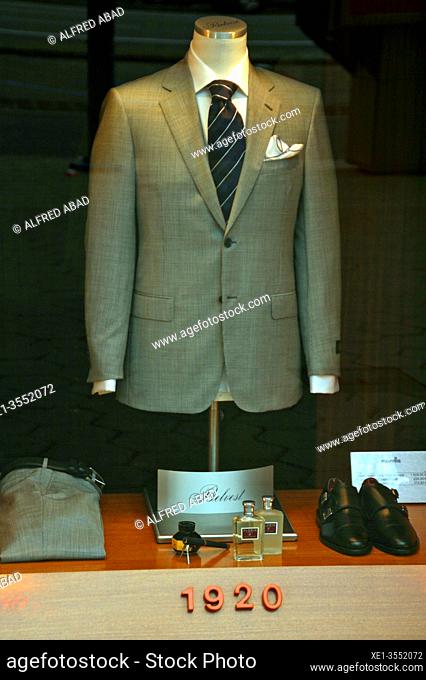 Gentleman's jacket in fashion store showcase on Paseo de Gracia, Barcelona, ??Catalonia, Spain