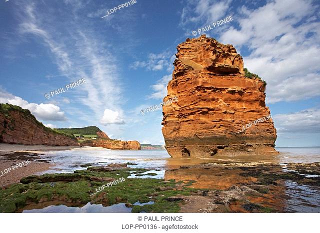 A stack at Ladram Bay. Part of the World Heritage coast, the stacks have been formed from caves eaten away by the sea to produce arches which have collapsed to...
