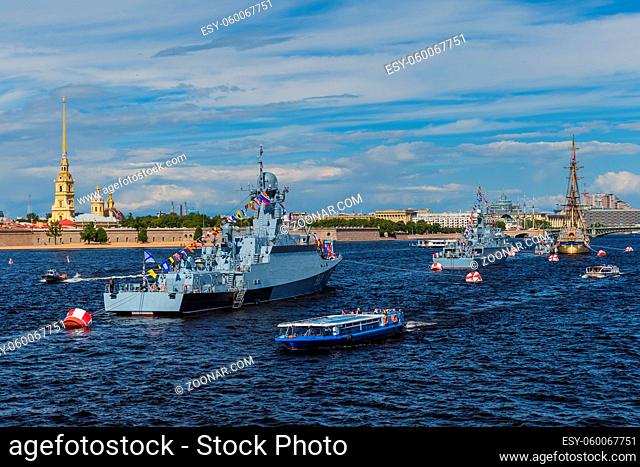 Saint-Petersburg, Russia - July 24, 2020: Warships after the naval parade on the Neva River