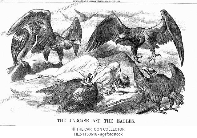 'The Carcase and the Eagles', 1871.The dead body of France lies outstretched, one hand holding down the wounded Eagle of Communism