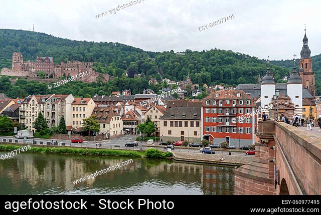 riparian city view of Heidelberg in Germany at summer time