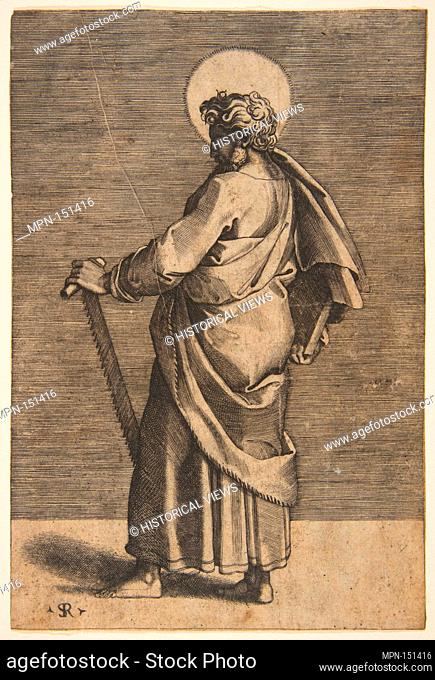 Saint Simon standing facing left, holding a saw and a book. Series/Portfolio: Christ and the Apostles; Artist: Marco Dente (Italian, Ravenna