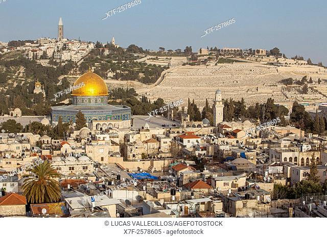 Aerial view of old City, is possible to see The Dome of the Rock and Temple Mount, Jerusalem, Israel