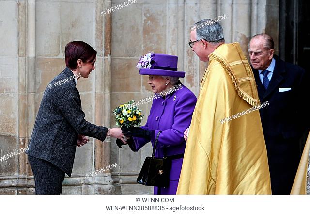 Her Majesty The Queen, accompanied by The Duke of Edinburgh and The Earl and Countess of Wessex, attend a Service of Thanksgiving at Westminster Abbey to...