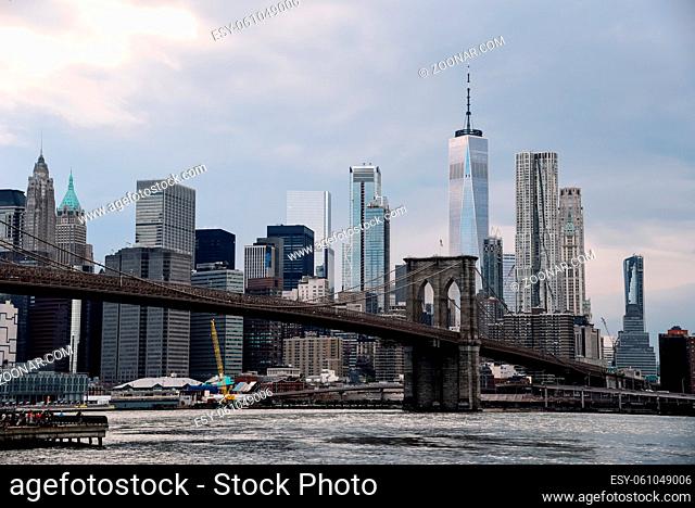 Iconic View of New York City with Brooklyn Bridge, East River and Downtown of Manhattan