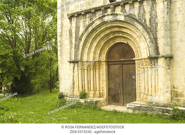 Facade of Santa Maria de Siones Church, XII Century, in Romanesque style with gothic elements, Valley of Mena, Las Merindades, province of Burgos