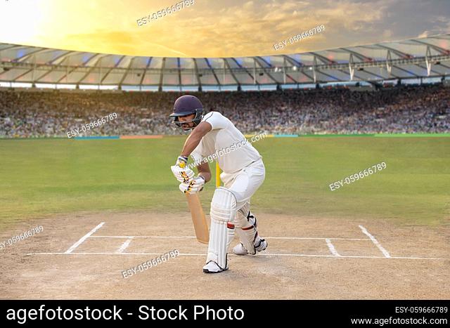 Cricketer batsman defending the ball