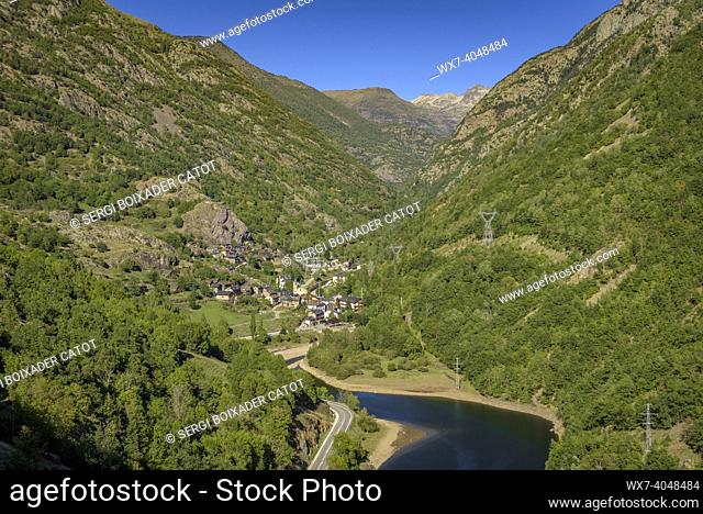 Views of the Cardós valley and the town and reservoir of Tavascan seen from the Escala viewpoint, in Aineto (Pallars SobirÃ , Catalonia, Spain, Pyrenees)