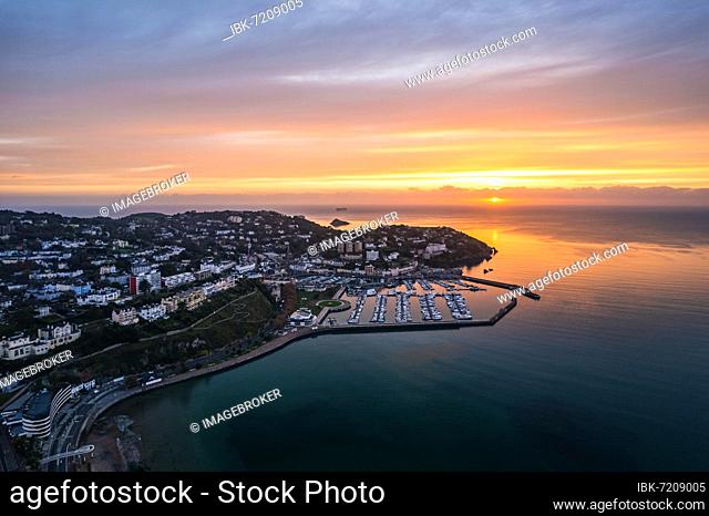 View over Torquay and Torquay Marina from a drone in sunrise time, Torbay, Devon, England, United Kingdom, Europe